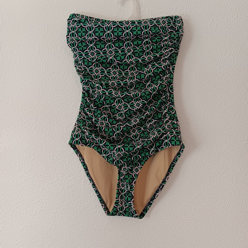 J. Crew Womens One Piece Swimsuit Size 0 Geometric Multicolor Green Strapless